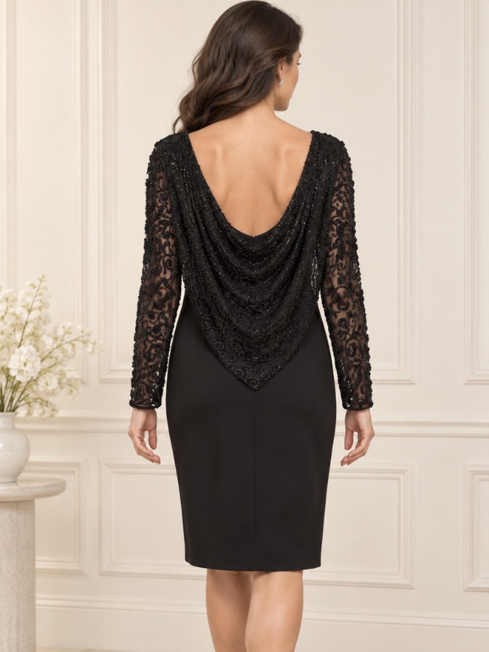 Black Tie Oleg Cassini Size 10 Black Beaded Open Back Cocktail Dress